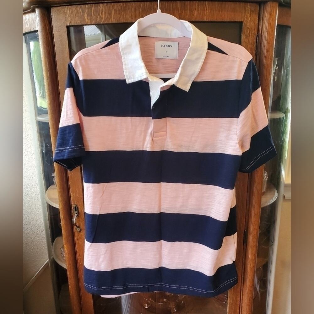 Old Navy striped pink and blue mens medium polo shirt